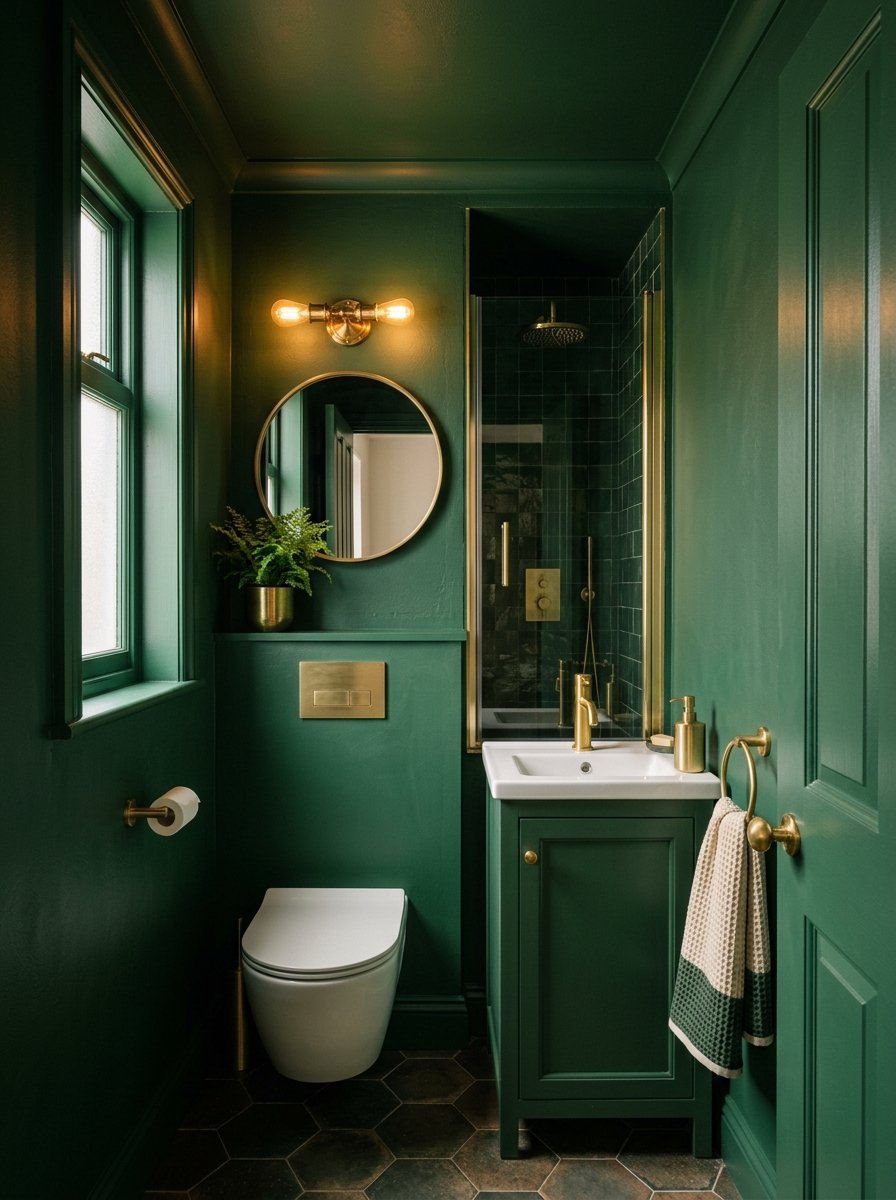 Modern bathroom featuring dark green walls, white toilet, vanity sink, round mirror, and brass hardware accessories.