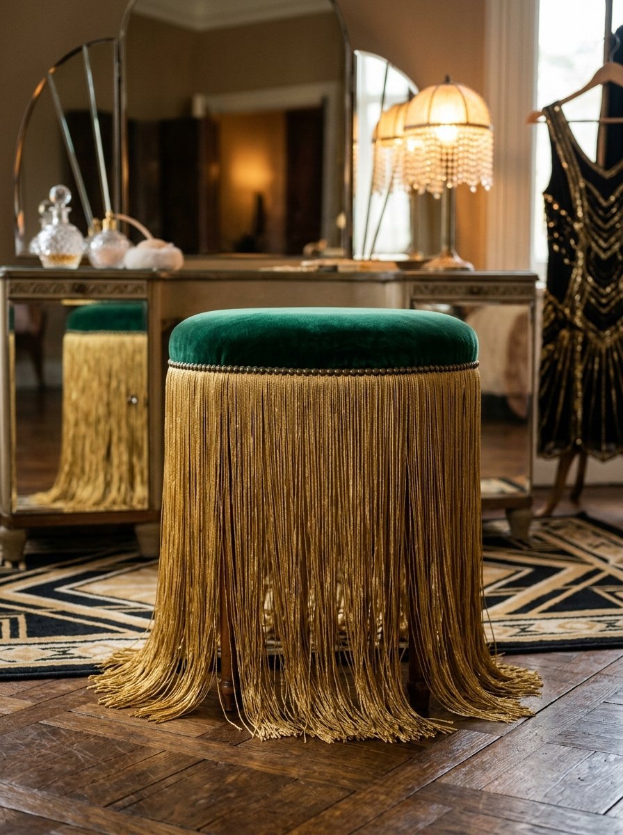 Round stool with a green velvet top and long gold fringe trim sitting on a geometric rug in front of a mirror.