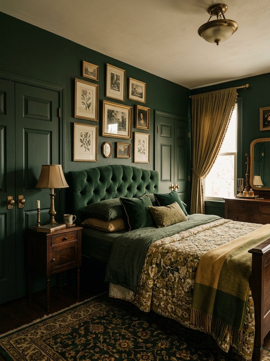 A bedroom with dark green walls, a tufted velvet headboard, and a gallery wall of framed botanical and portrait prints.