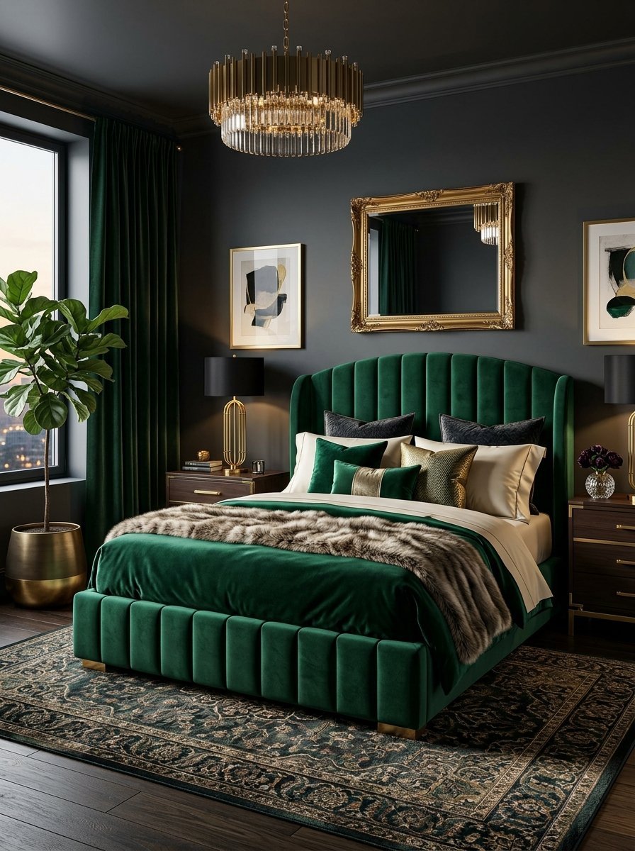 An elegant bedroom featuring a tufted green velvet bed, gold accents, and a large indoor plant.