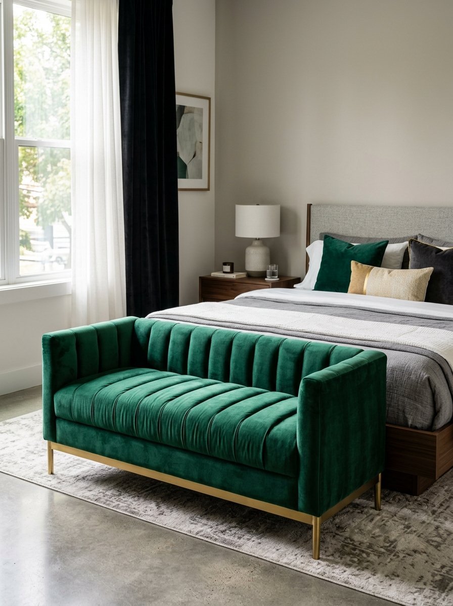 Modern green channel-tufted bench with gold metal legs in a stylish neutral-toned bedroom.
