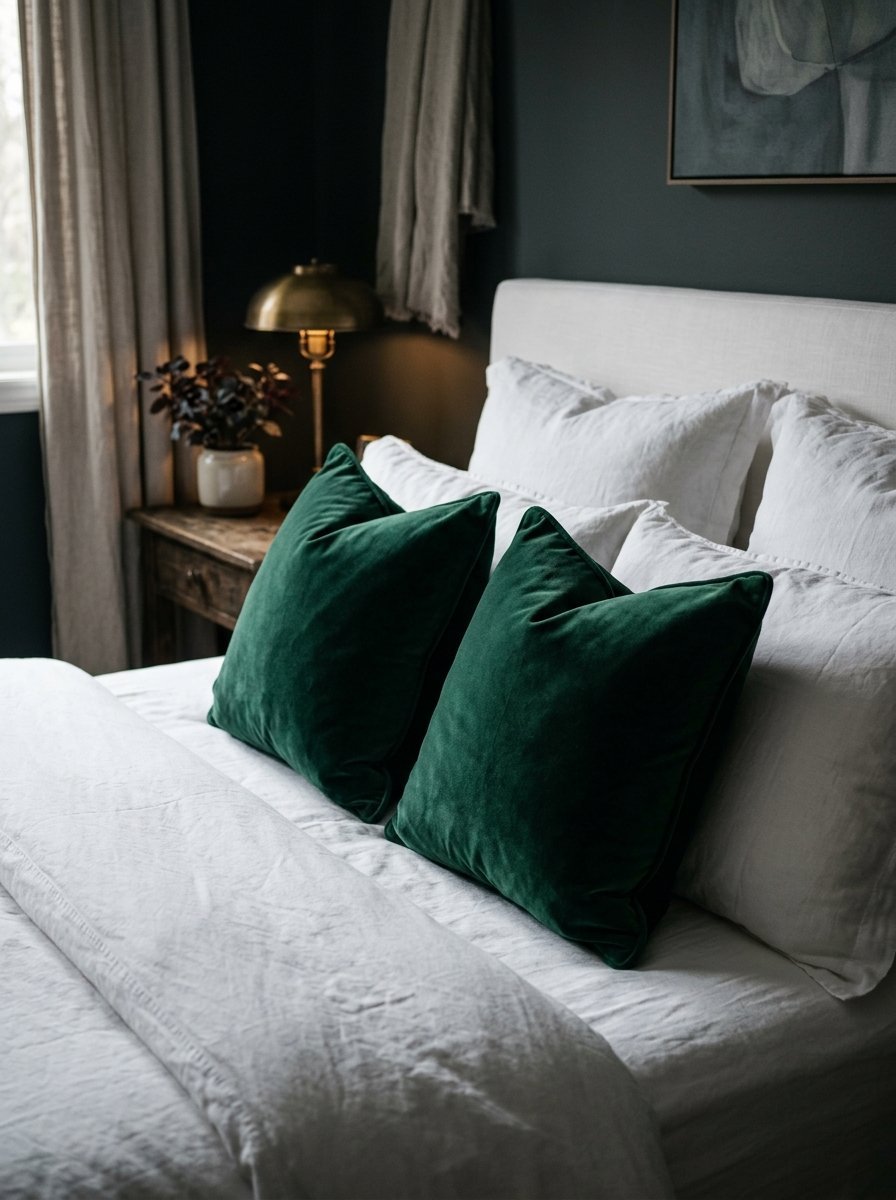 Close up of deep green decorative pillows resting against white bedding in a moody bedroom setting.