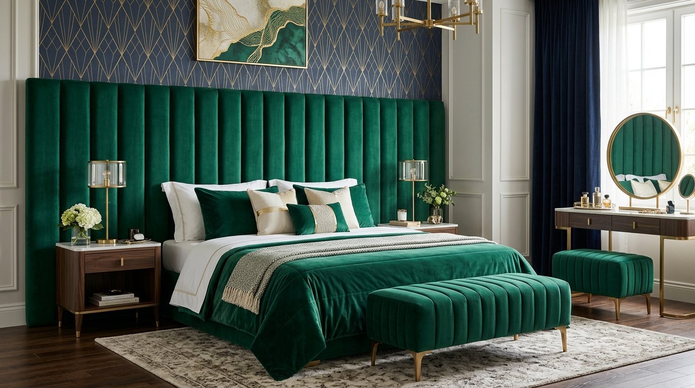 Elegant bedroom featuring a floor-to-ceiling emerald velvet headboard and gold accents.