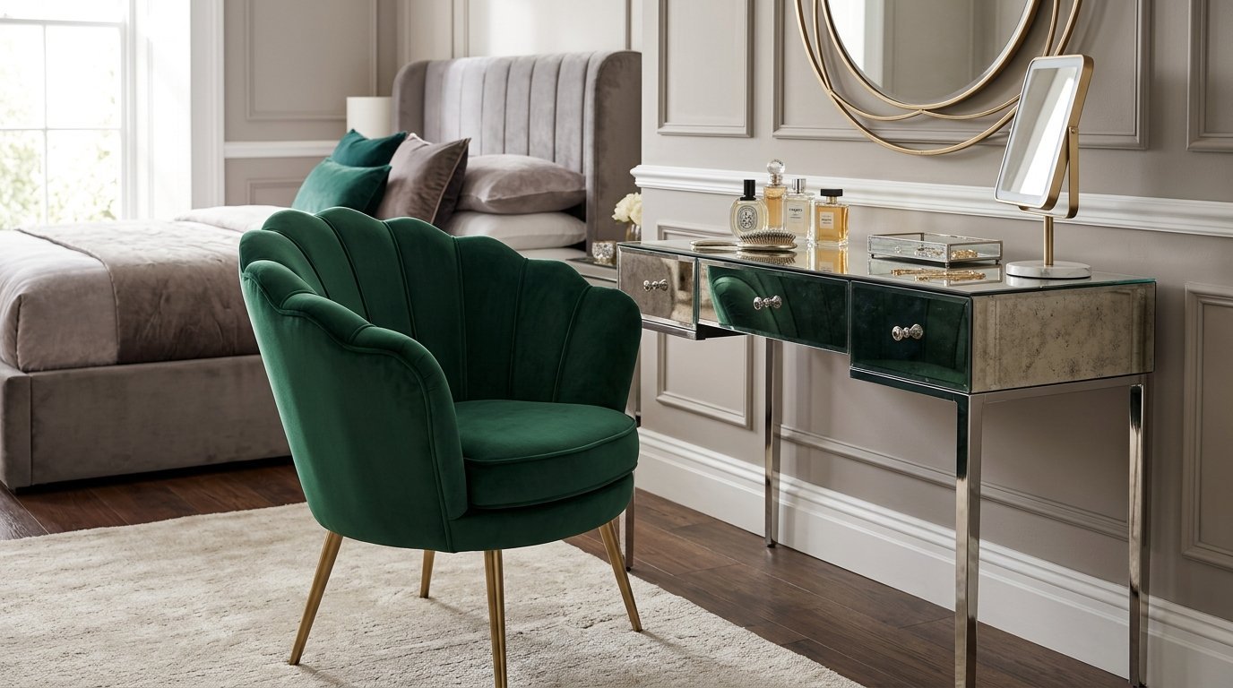 A green velvet scalloped back chair sits next to a mirrored vanity table in a neutral toned bedroom.