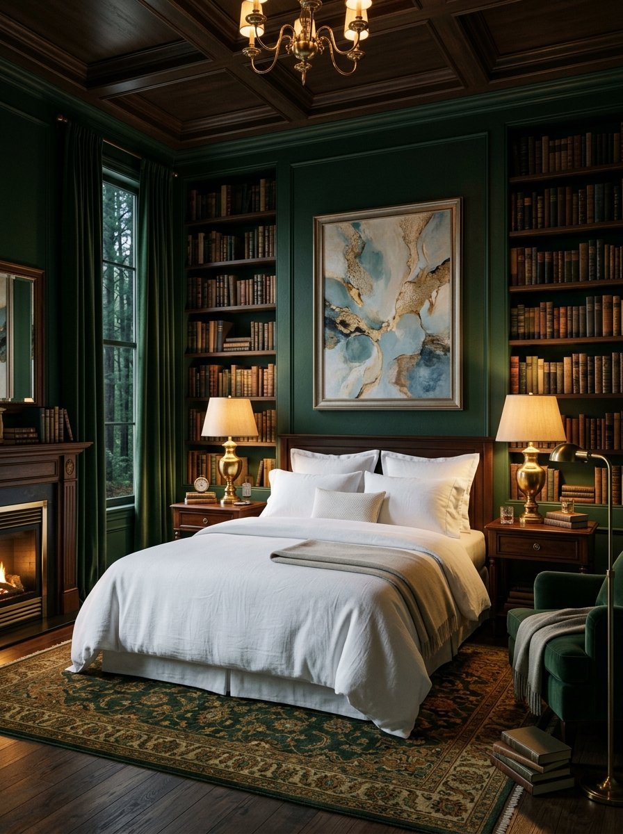Luxurious bedroom with green walls, built-in library, fireplace, and a bed with crisp white linens.