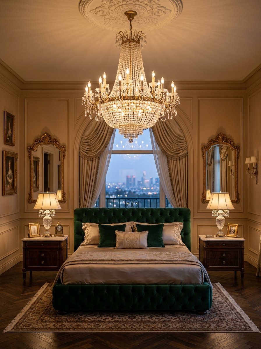 Grand bedroom with a green tufted headboard, crystal chandelier, and large window overlooking a city skyline.