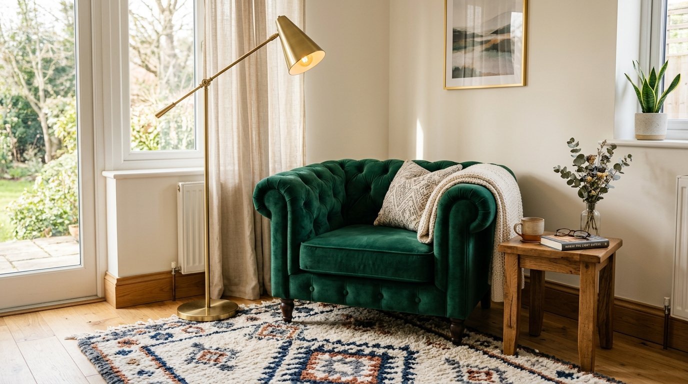 Tufted emerald green velvet armchair with a throw blanket and brass floor lamp on a patterned area rug.