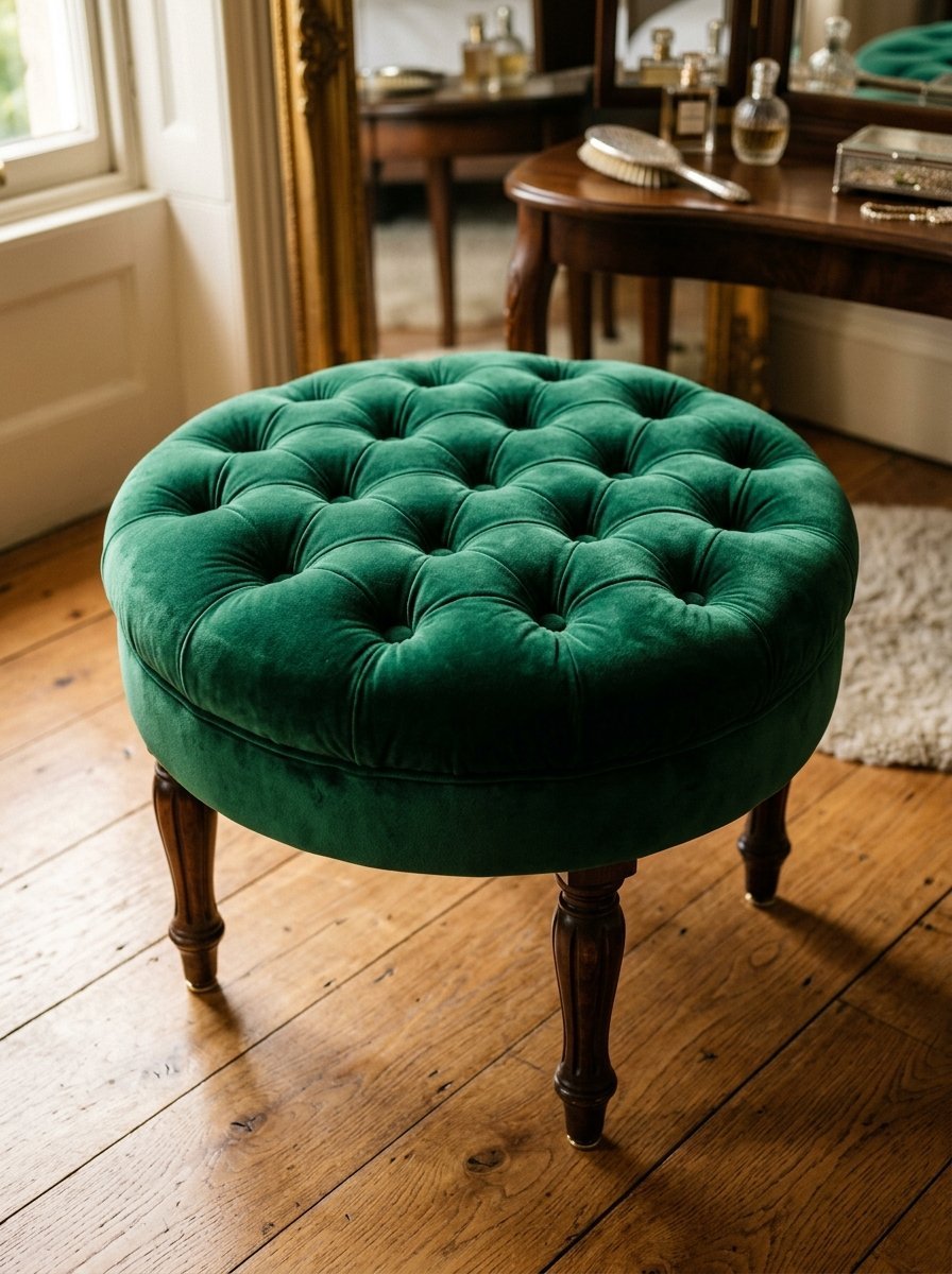 A round, button-tufted emerald green velvet stool stands on a wooden floor near a vanity mirror.