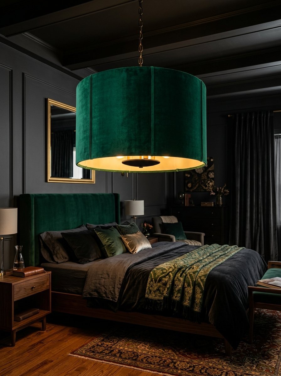 A round green velvet chandelier illuminates a dark moody bedroom with a matching upholstered headboard.
