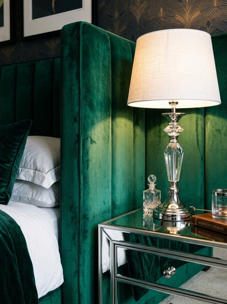 A crystal lamp shines on a mirrored side table next to a plush emerald velvet headboard in a bedroom.