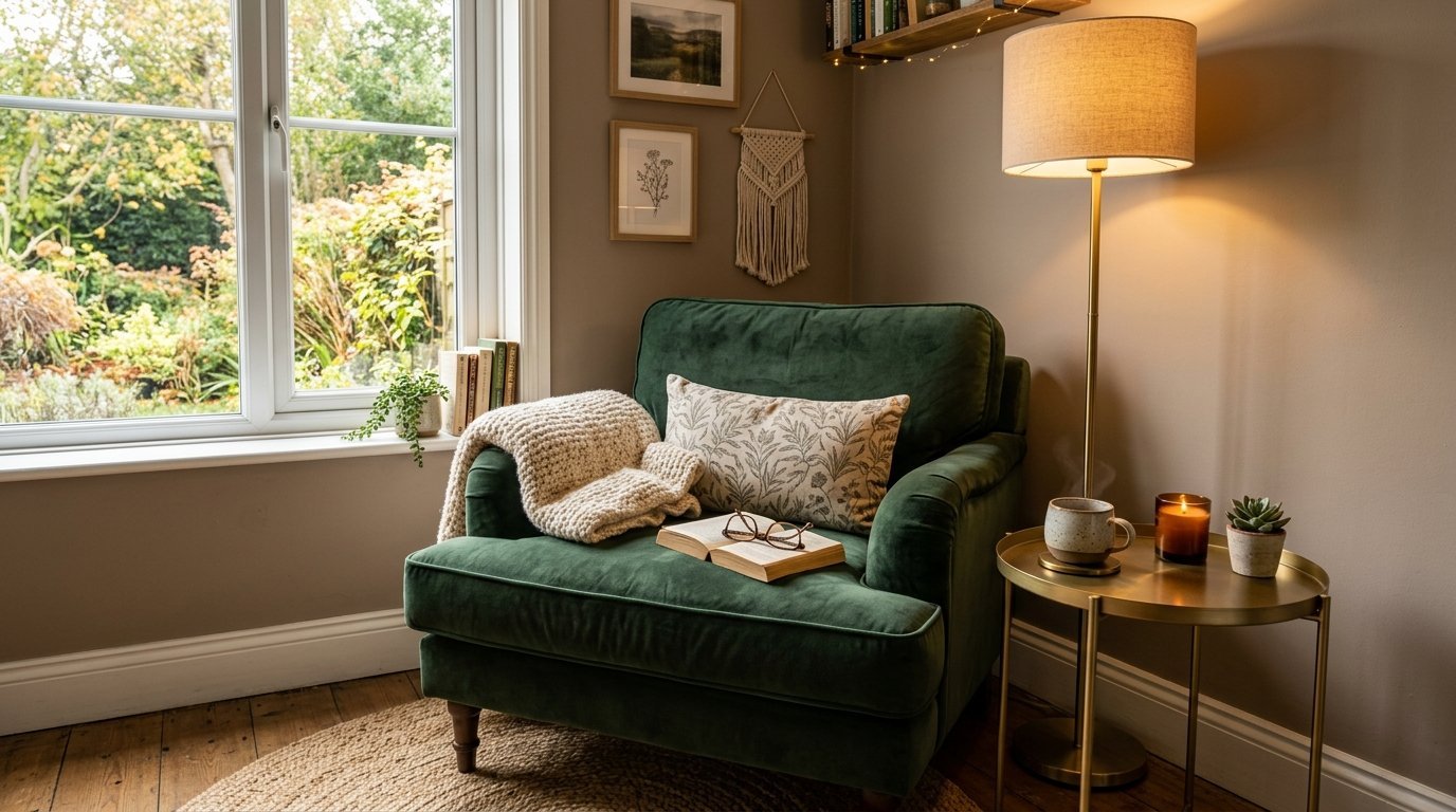 A plush green armchair with a book and cream throw blanket by a bright window and brass side table.