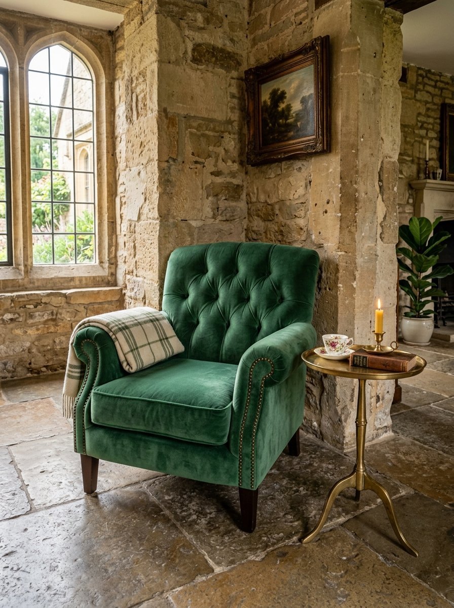 A button-tufted emerald green velvet chair with a plaid throw blanket sits on a stone floor near a metal side table.