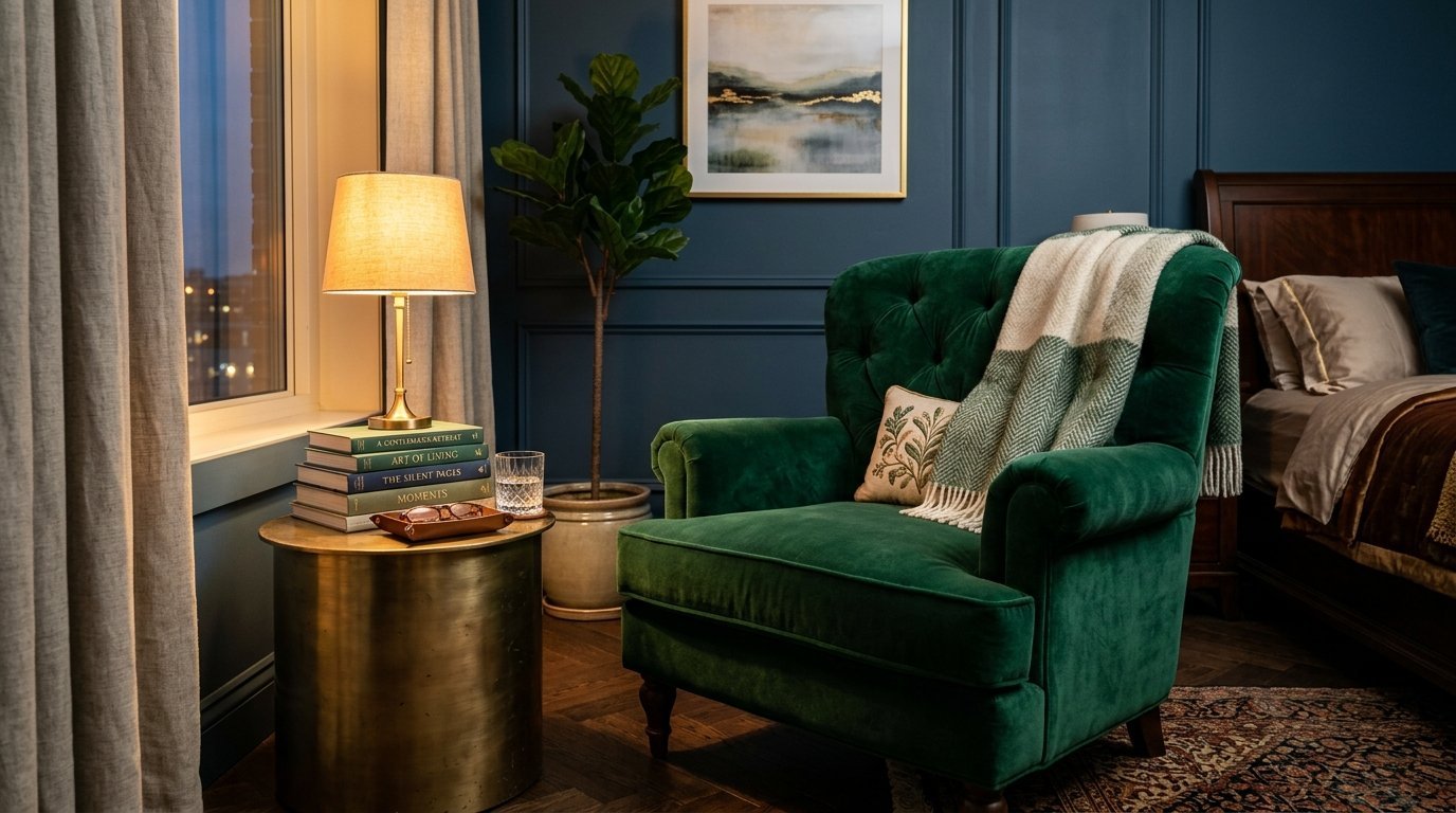 A tufted green velvet reading chair with a patterned throw blanket next to a brass lamp and stacked books.