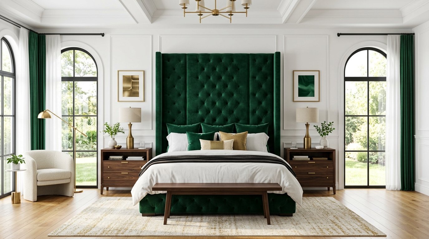 Symmetrical bedroom with a tall green tufted bed, dark wood nightstands, and arched windows with green drapes.
