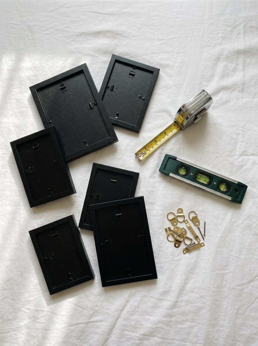 Several small black empty picture frames laid out with a tape measure, spirit level, and gold hanging hardware.