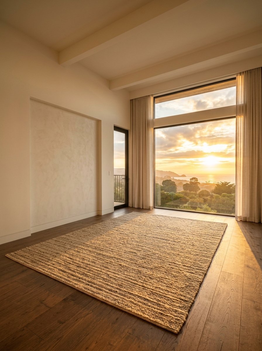 Jute rug on hardwood floor in an empty room with large windows overlooking a scenic coastal sunset.
