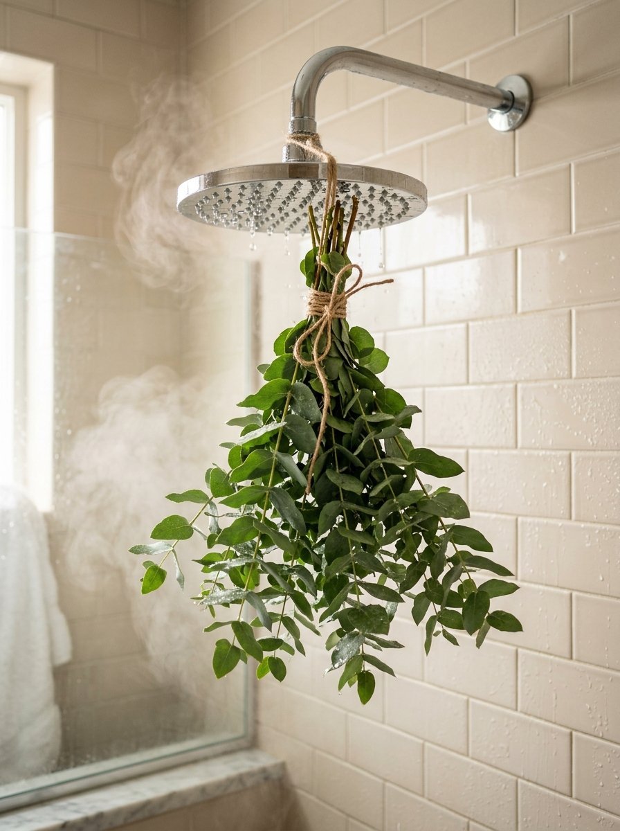A fresh green bunch of eucalyptus tied with twine hanging from a chrome shower head in a tiled steam-filled bathroom.