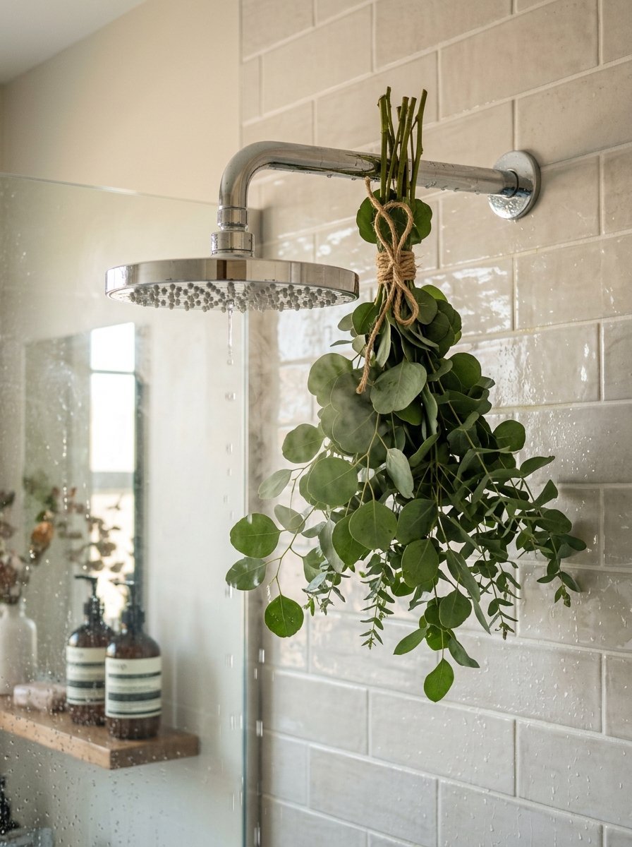 A fresh bouquet of green eucalyptus leaves tied with twine suspended from a chrome rainfall shower head.