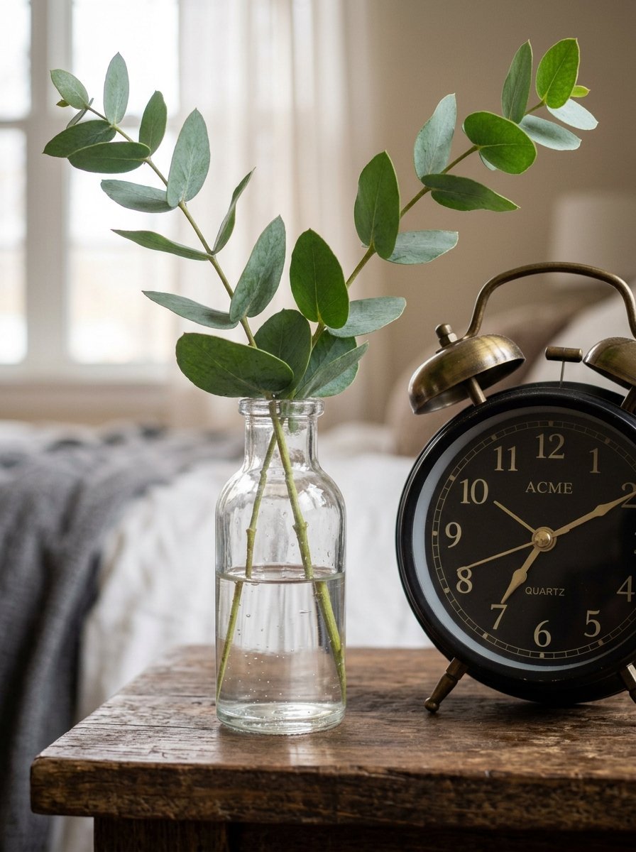 Clear glass vase holding green eucalyptus sprigs beside an antique style black alarm clock on a wooden nightstand.
