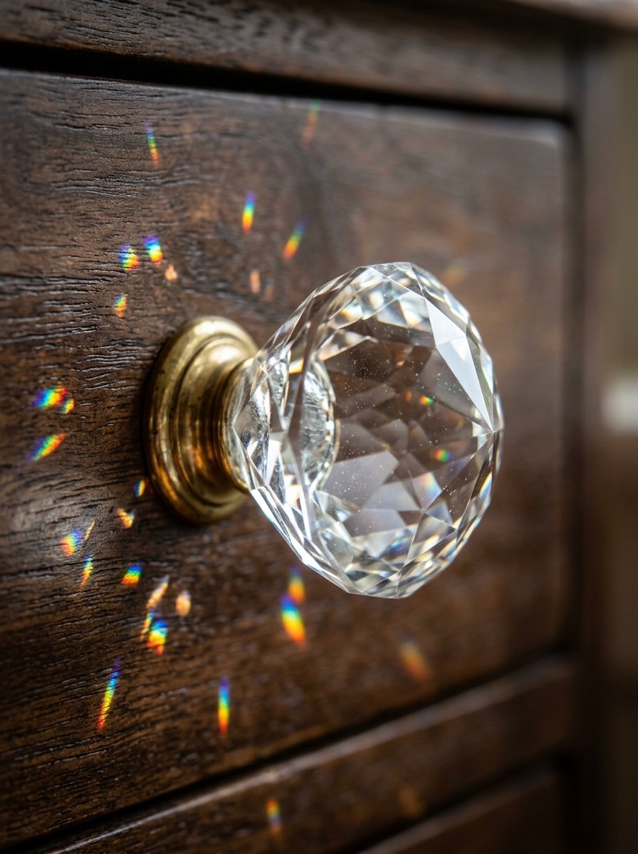 Close-up of a decorative crystal knob on a dark wood drawer with colorful light refractions on the surface.