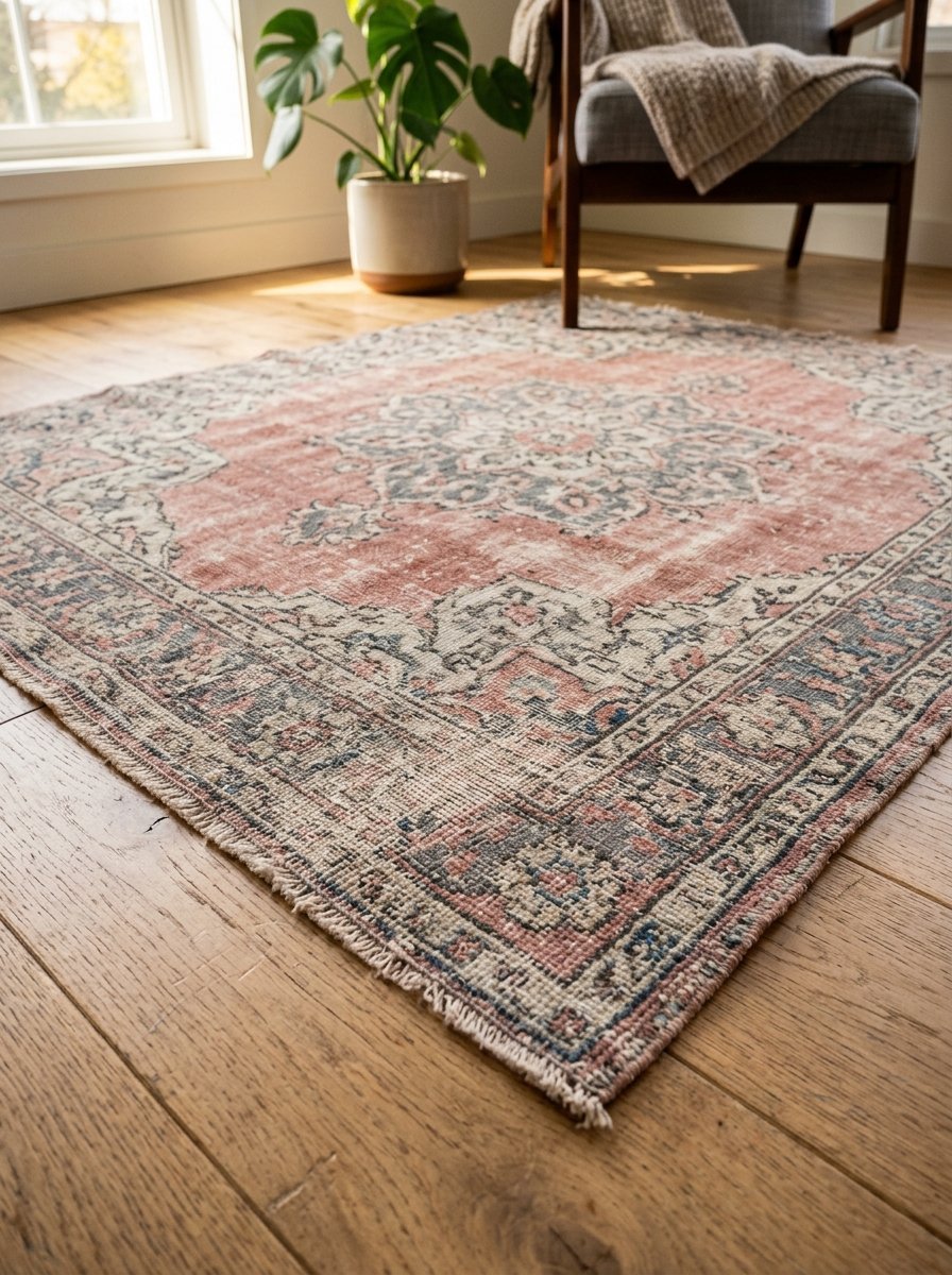 A faded floral area rug with pink and blue tones sits on a wooden floor near a potted plant and armchair.