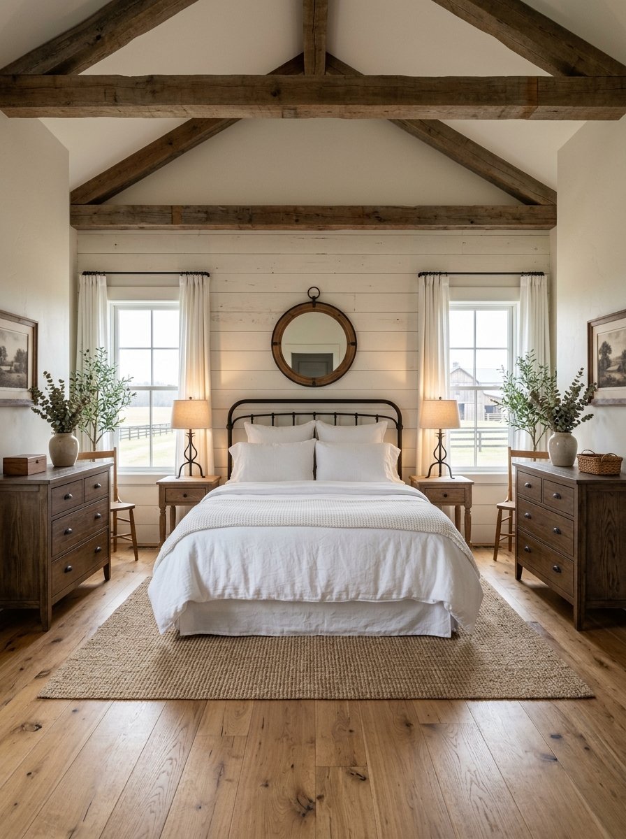 A symmetric bedroom featuring a wrought iron bed, wood dressers, and a circular mirror on a shiplap wall.