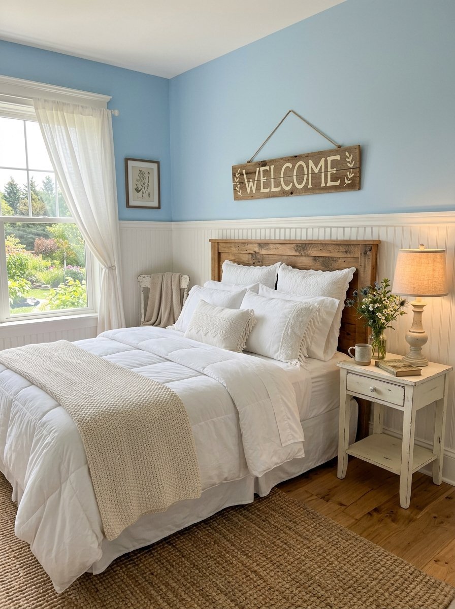 Cozy bedroom with light blue walls, white bedding, rustic wood headboard, and a welcome sign hanging above the bed.
