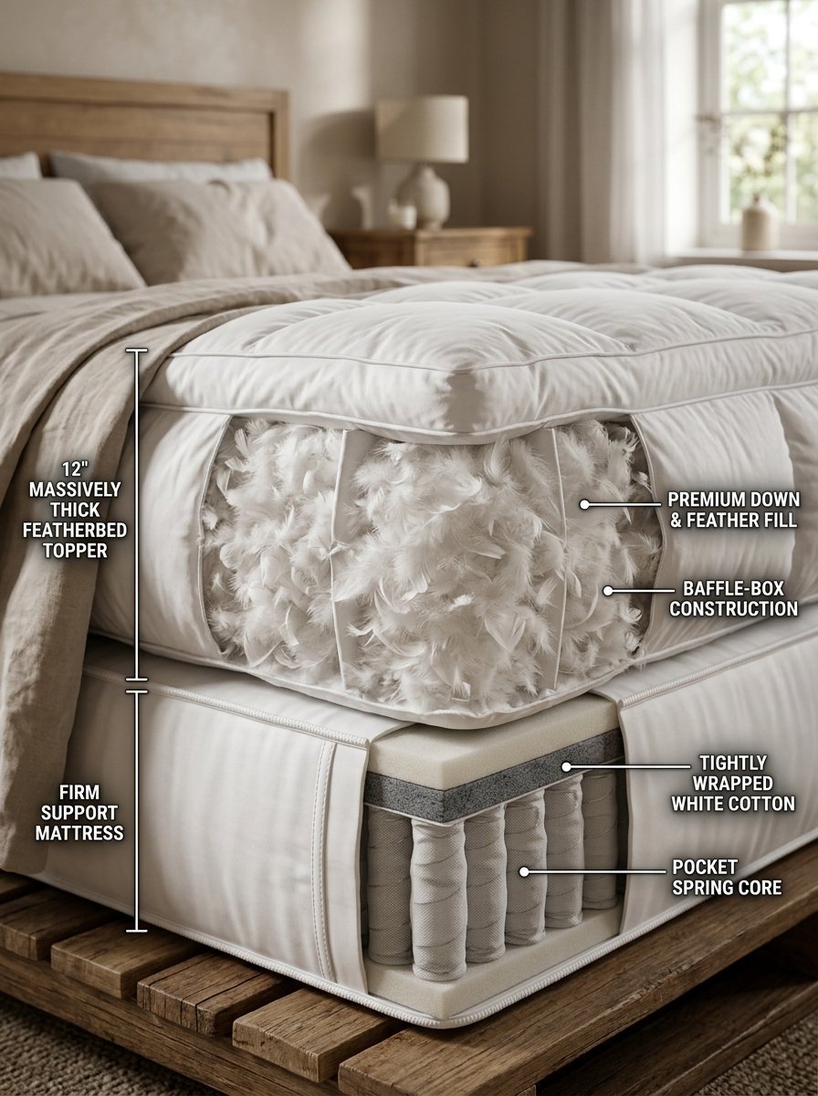 Cutaway view showing a thick featherbed topper over a pocket spring mattress with internal construction labels.