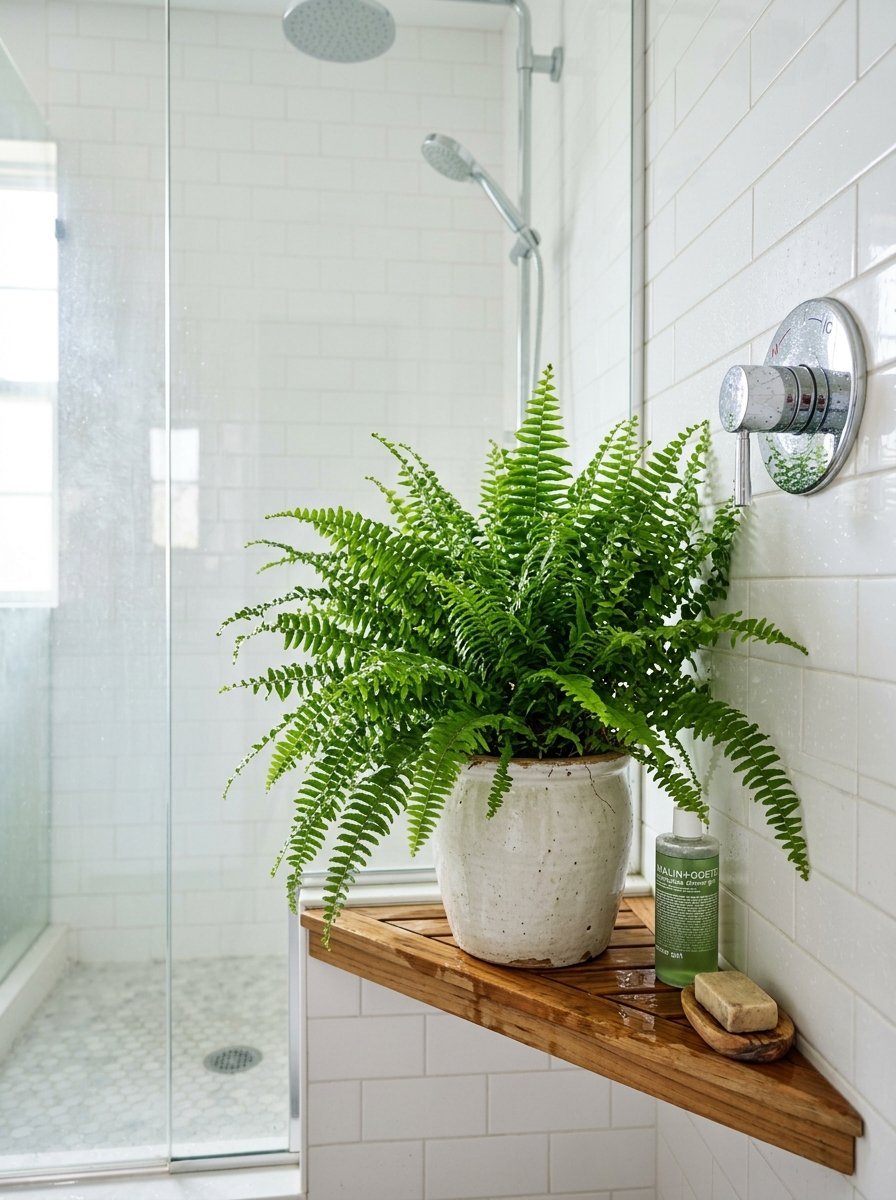Potted fern sits on a teak corner shower bench next to soap and body wash.