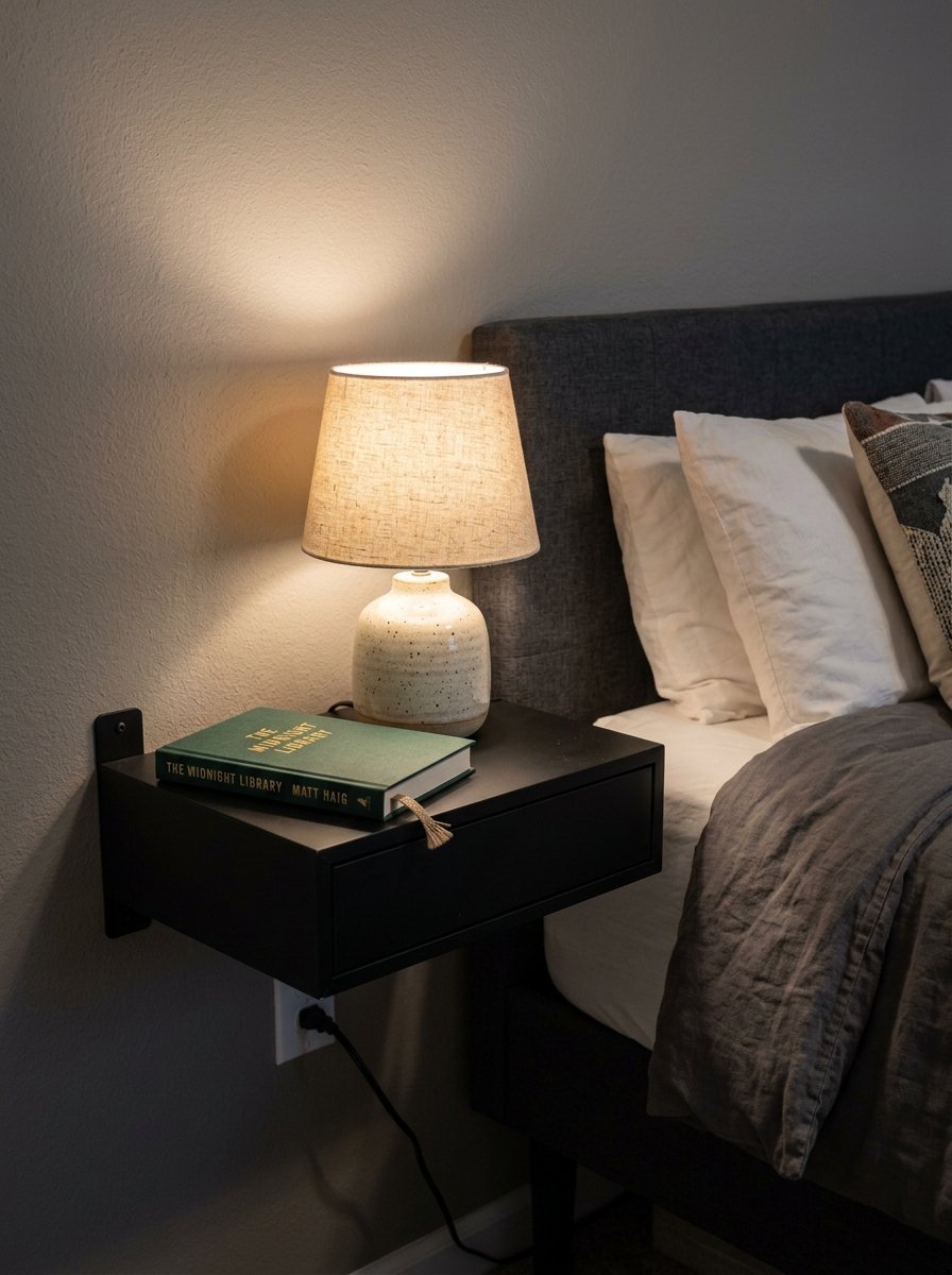 A modern floating black nightstand holds a speckled ceramic lamp and The Midnight Library book next to a bed.
