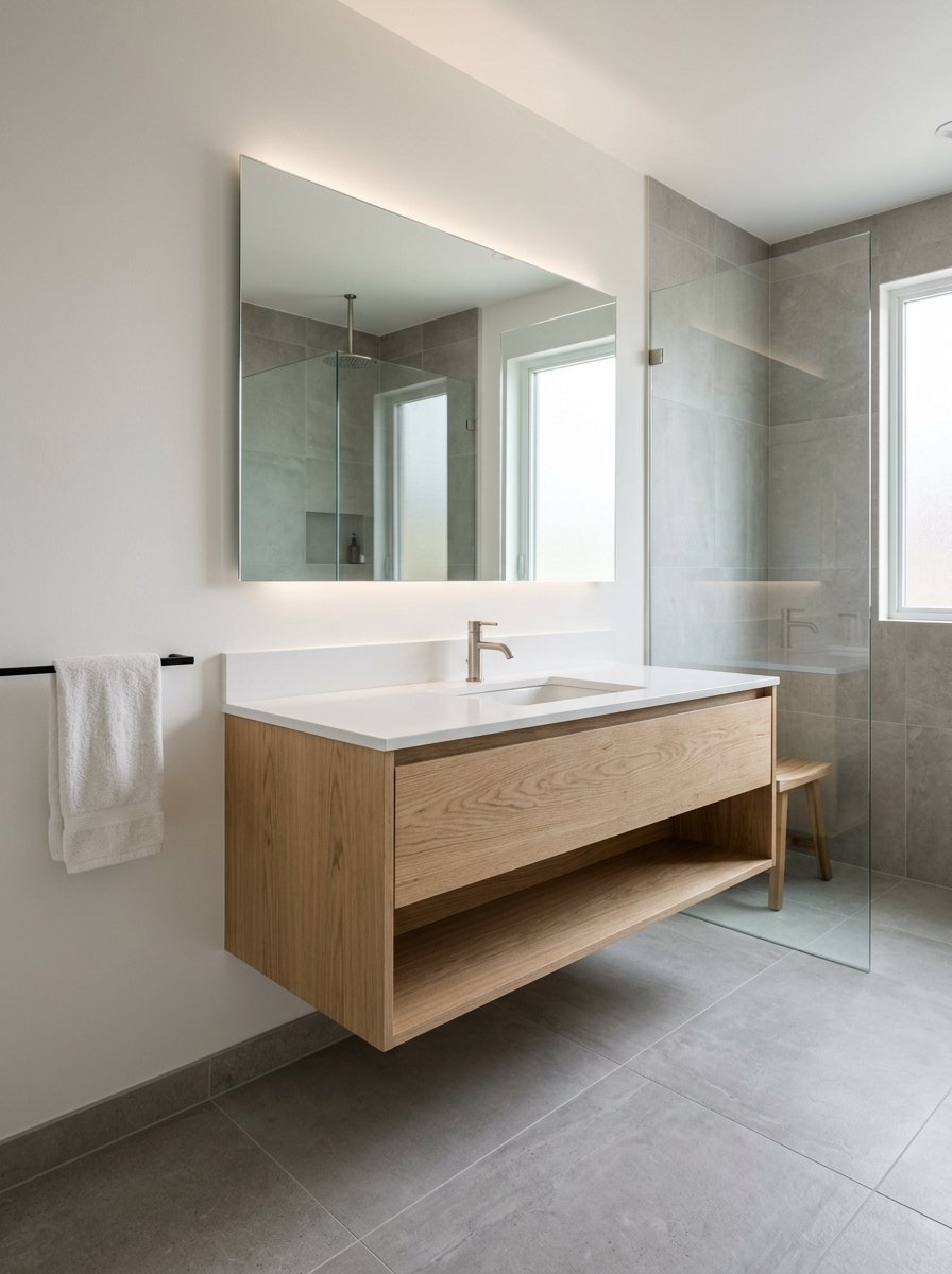 A wall-mounted wooden bathroom vanity with a white sink and a large illuminated mirror in a grey tiled room.