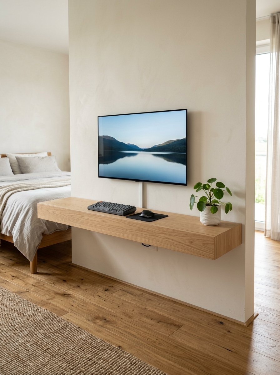 A wooden floating desk under a wall-mounted TV featuring a keyboard, mouse, and small potted plant in a bright bedroom.