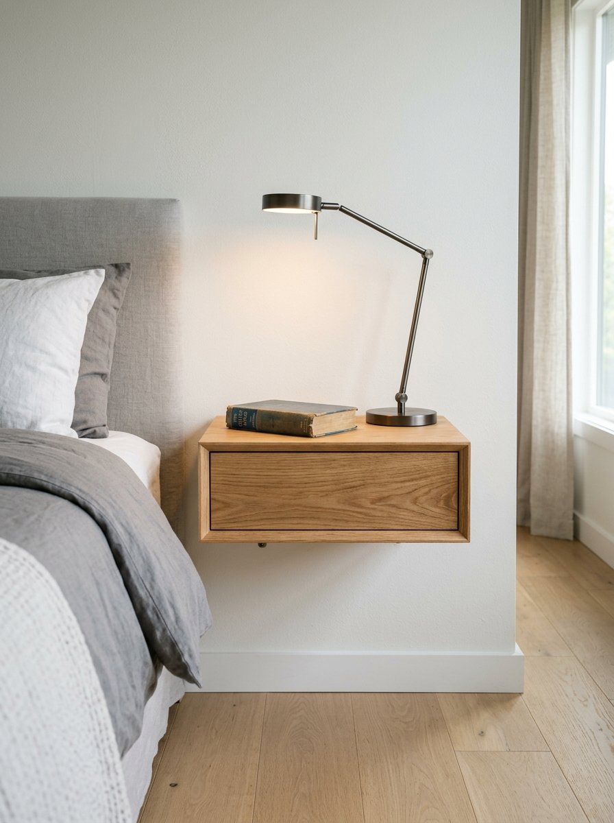 A floating wooden bedside table with a vintage book and articulated metal lamp next to a grey upholstered bed.