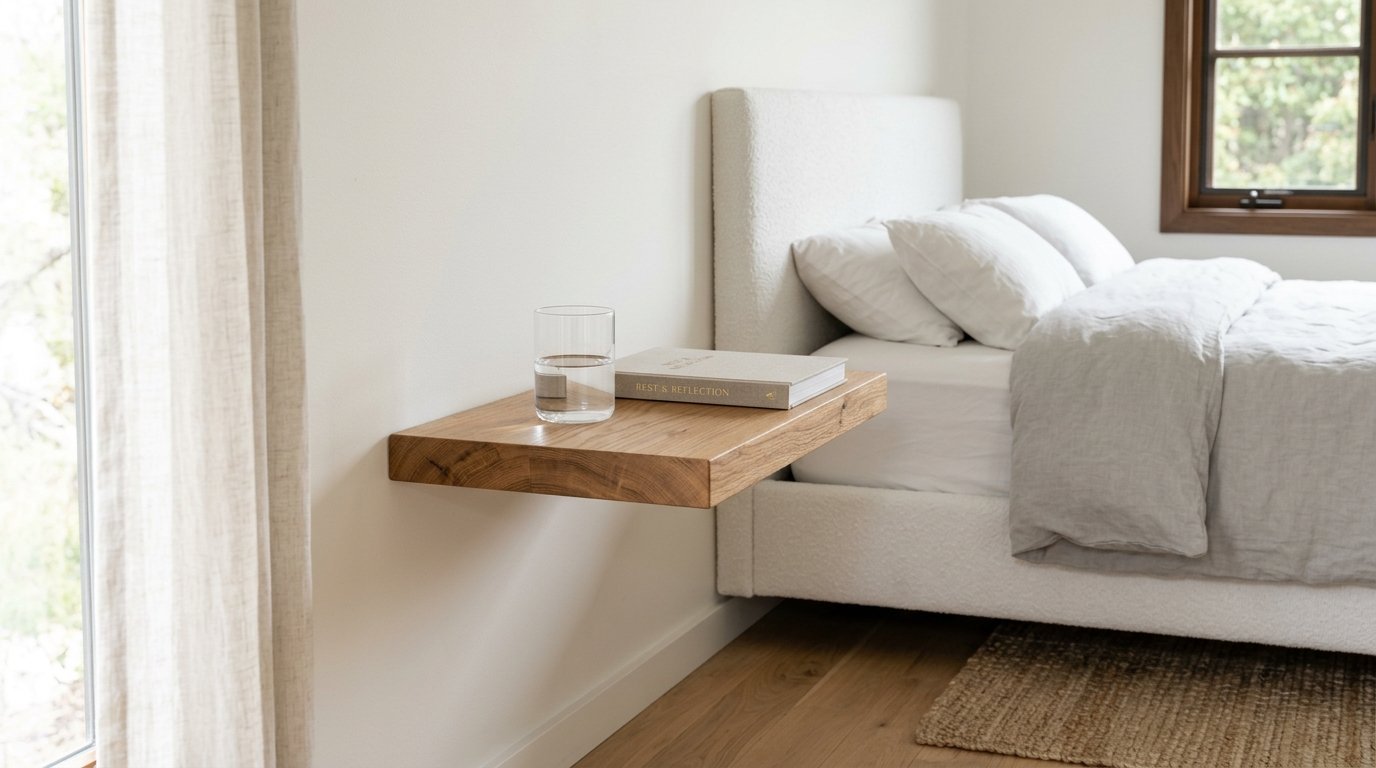 A natural wood floating shelf holds a glass of water and a book next to an upholstered bed.