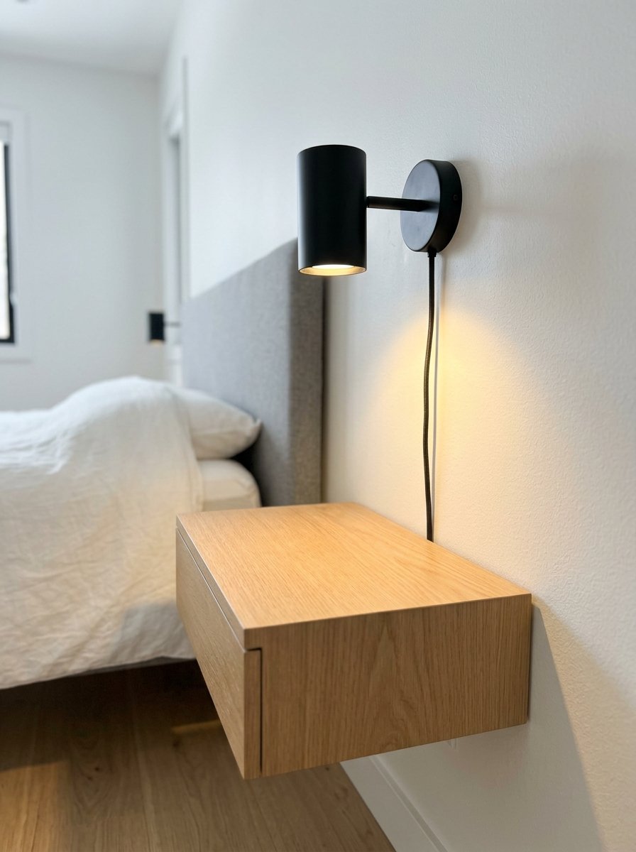 Minimalist wooden nightstand mounted to a white wall beside a grey bed frame with a sleek black cylinder reading lamp.