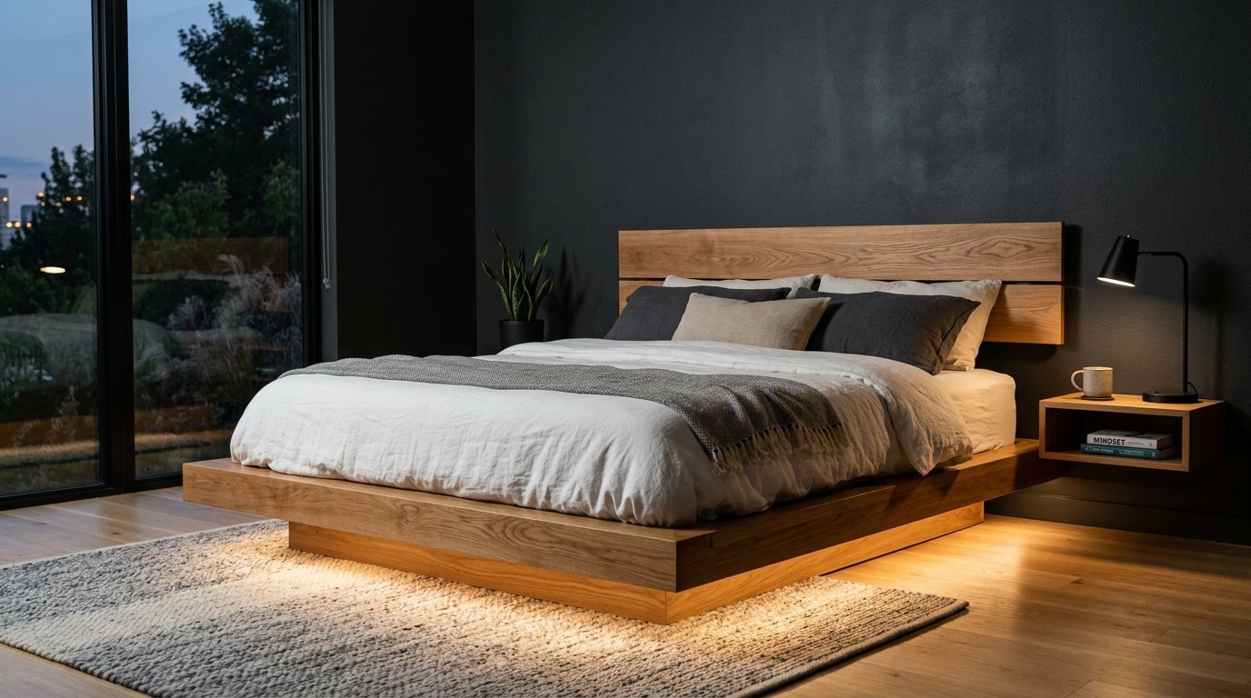 A modern platform bed with natural wood finish featuring integrated base lighting in a dark bedroom.