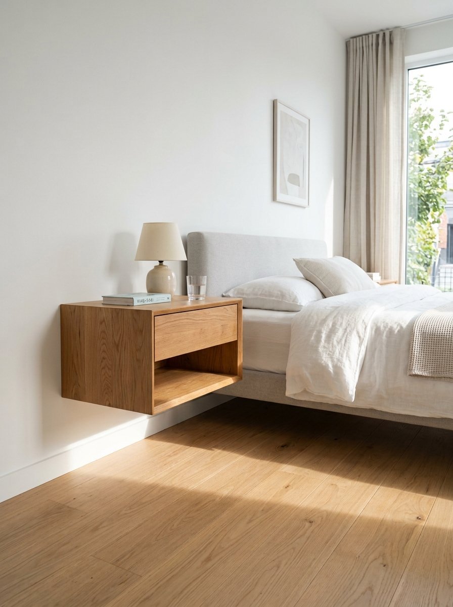 A wooden floating nightstand attached to a white bedroom wall next to a grey upholstered bed frame.