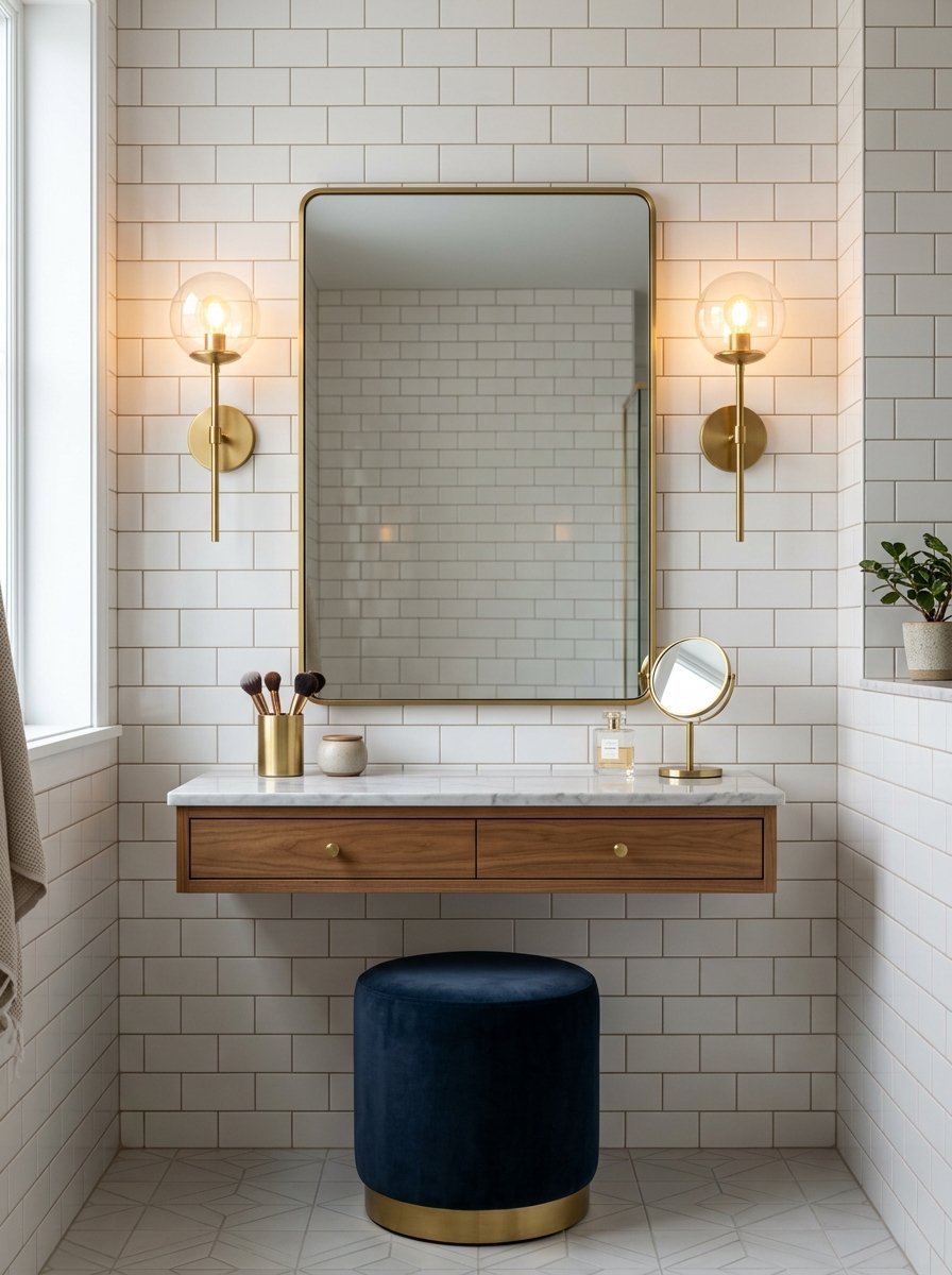A marble-topped floating vanity with brass fixtures, a rectangular mirror, and a plush navy blue velvet stool.
