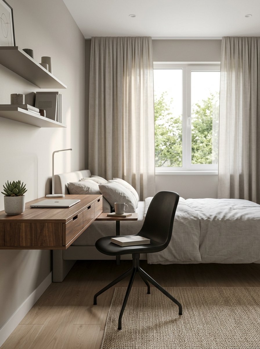 A modern neutral bedroom featuring a floating walnut wood desk, black swivel chair, and a view of trees through curtains.