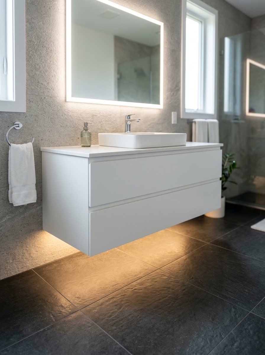 A wall-mounted white vanity with a square sink and glowing base lights against a grey tiled bathroom wall.