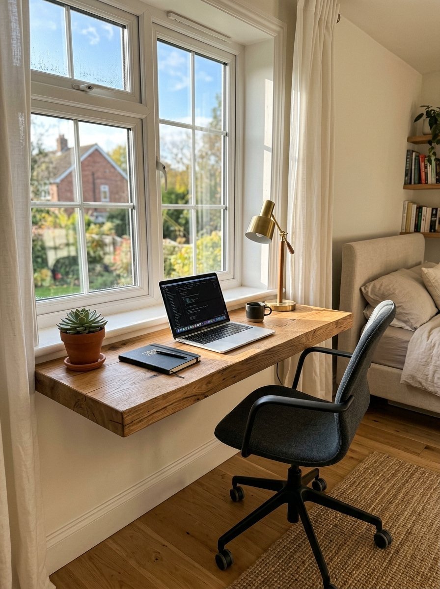 Laptop on a wooden wall-mounted desk by a window with a succulent and brass lamp in a bedroom.