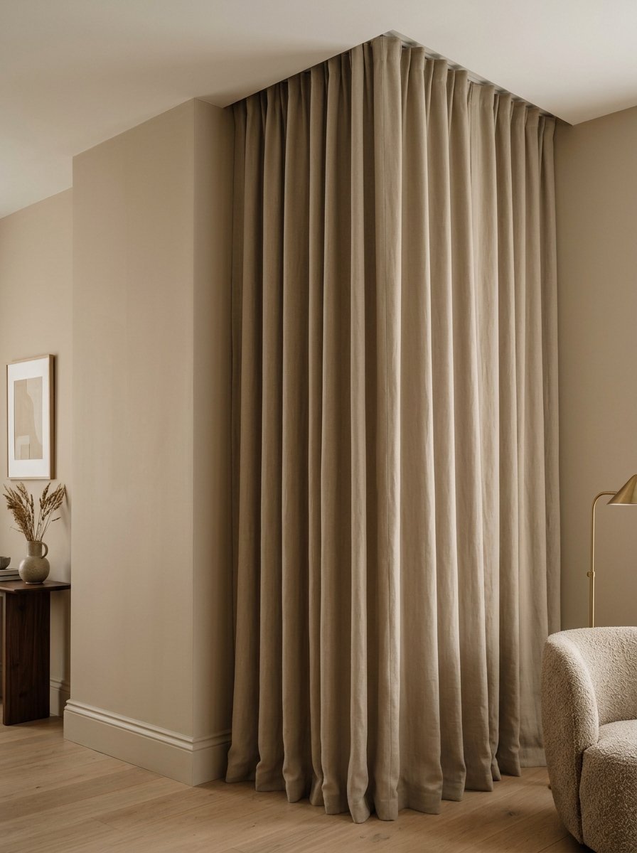 Full height tan curtains hanging in a corner of a minimalist room with hardwood floors and a textured accent chair.