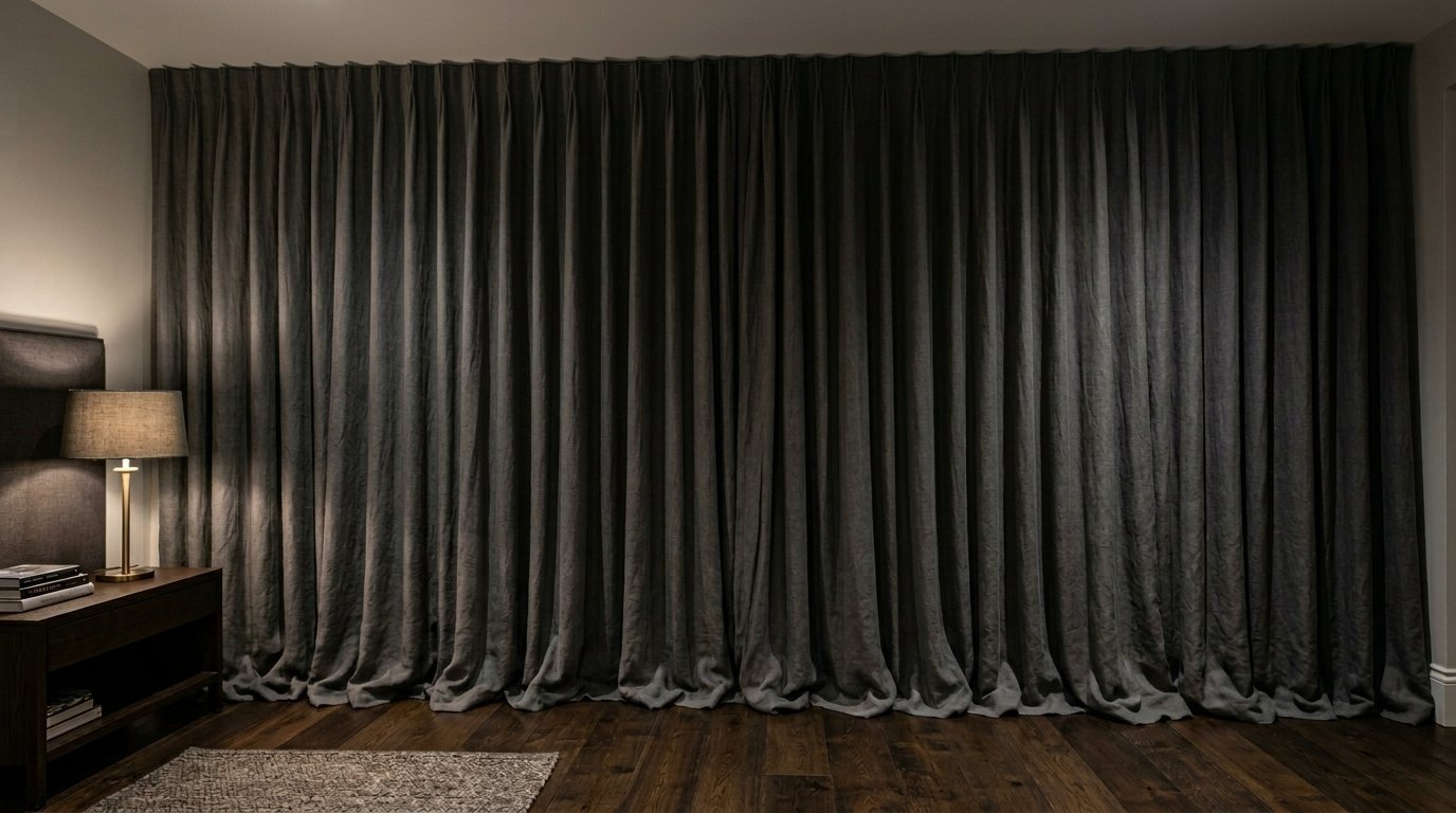 Full wall of heavy dark charcoal curtains next to a wooden nightstand and table lamp.