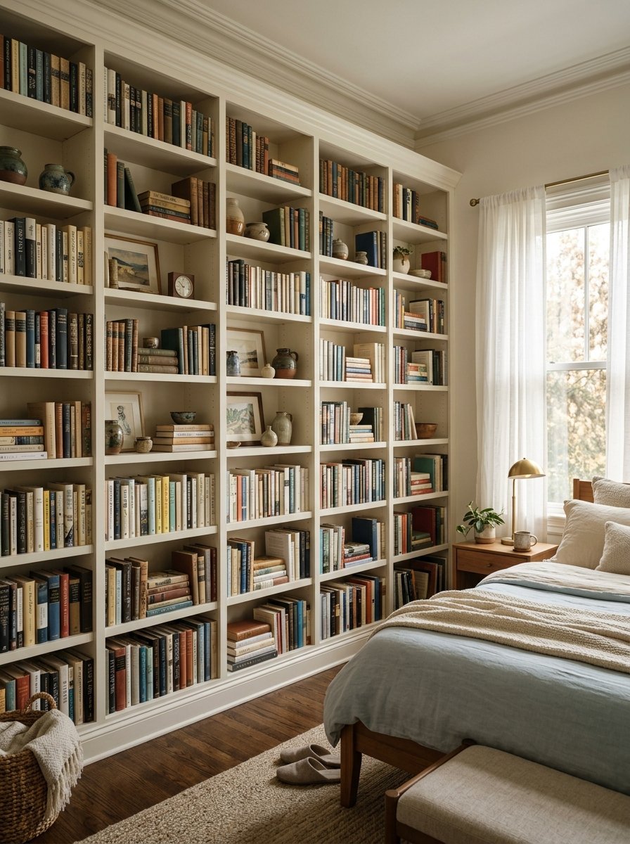 Tall white wooden library shelves covering a bedroom wall filled with many books and decorative pottery.