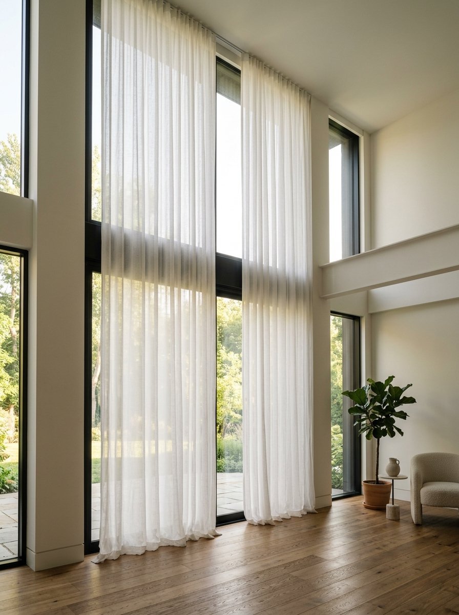 Tall sheer white curtains covering floor-to-ceiling windows with a fiddle leaf fig plant in the corner.