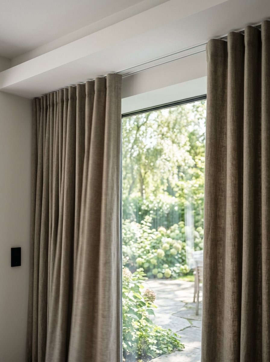 Close up of beige textured fabric drapes hanging on a sleek ceiling track overlooking a bright garden patio