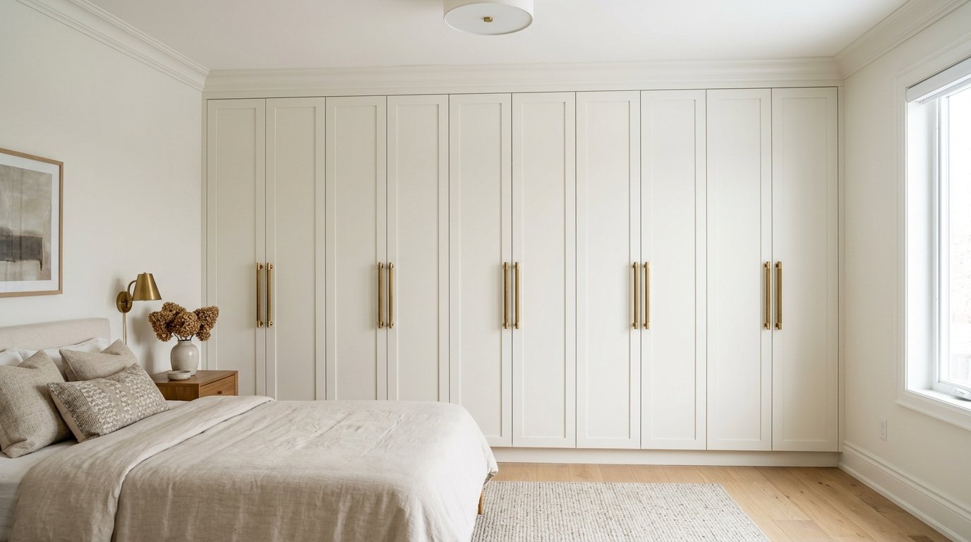 A modern bedroom with a floor-to-ceiling white wardrobe and brass vertical handles against a neutral wall.