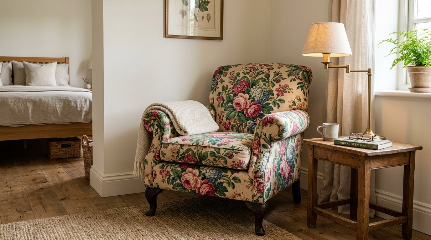 An upholstered chair with roses and hydrangeas featuring a knitted throw blanket in a bright bedroom.