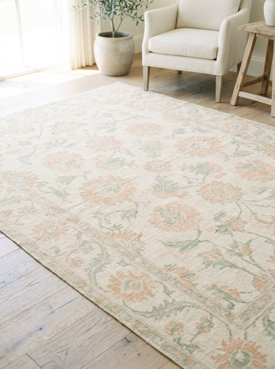 A beige area rug featuring delicate sage green and soft peach floral patterns on a light wooden floor.