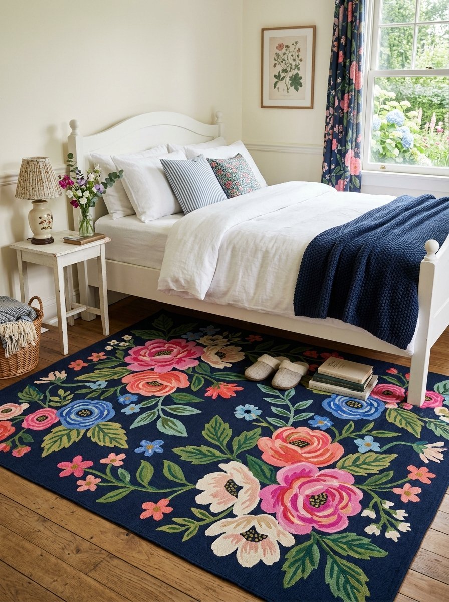 Dark blue area rug with colorful pink and light floral patterns placed on wooden floors in a bright cottage bedroom.